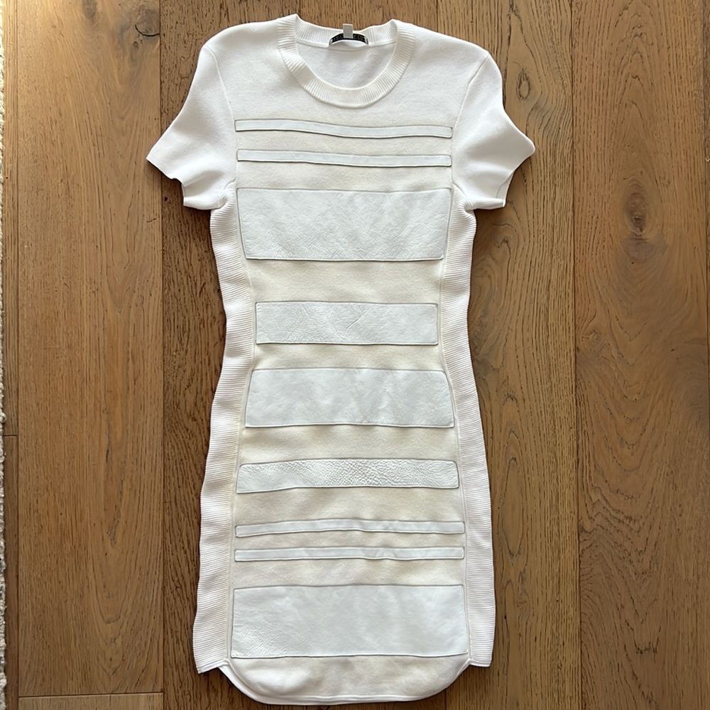 House of Dagmar white knitted mini dress with leather details